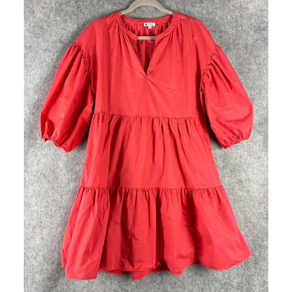 Sundry Evereve The Anywhere Dress Womens Large 3 Red Tiered Puff Sleeve Pocket